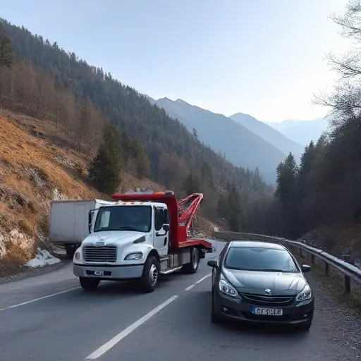A tow truck parked on a winding mountain road with a broken-down car beside it, surrounded by forested hills and a clear sky, no people or text visible