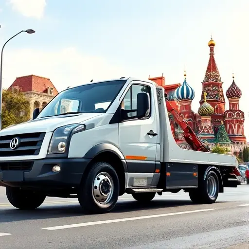 A modern tow truck parked on a city street with a visible phone handset placed on the truck's dashboard, the background shows recognizable Moscow landmarks like the Kremlin and St. Basil's Cathedral under a clear sky, emphasizing the concept of a towing service in Moscow without any textual elements