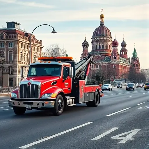 A tow truck driving along a Moscow city street, with recognizable Russian architecture such as the Kremlin dome in the background, showing a road with kilometer markers but no visible text or numbers, under a clear sky.