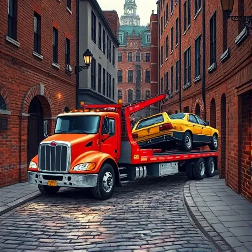 A detailed illustration of a tow truck parked in a narrow, cobblestone alley resembling Basmanny Lane, with a car being towed. The scene should showcase various tow truck types—flatbed, hook-and-chain, and wheel-lift—each in a distinct, realistic pose. The background includes old brick buildings, street lamps, and a subtle hint of a cityscape. The composition emphasizes the mechanics of towing, with clear lines and realistic lighting, but no text or lettering in the image.