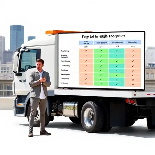 A modern tow truck with a subtle Next logo on its side, positioned next to a laptop or tablet screen displaying a clean, color-coded comparison chart of online platforms and aggregators for buying a tow truck. A person in casual attire is standing beside the truck, holding a smartphone and looking thoughtfully at the screen, with a cityscape in the background to suggest urban context. The scene is bright and clear, with no visible text, letters, or numbers in the image.