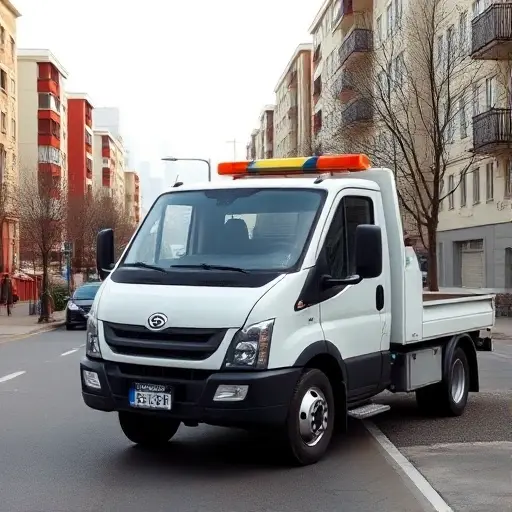 A realistic scene of a modern tow truck parked on a quiet street in Moscow's North-West district (SZAO), with a backdrop of typical residential buildings and a hint of the Moscow skyline. The tow truck is clean, professional, and ready for service, with subtle signs of affordability such as a modest price tag subtly integrated into the scene (without visible text). The atmosphere is calm and trustworthy, emphasizing reliability and low cost. The lighting is natural daylight, and the composition is balanced, focusing on the vehicle and the surrounding urban environment.