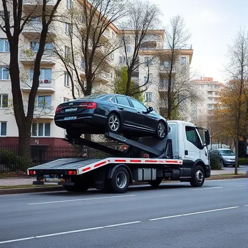 A realistic scene of a modern tow truck parked on a quiet street in the Kon'kovo district, with typical Moscow residential buildings and trees in the background, a car being lifted onto the truck's platform, clear sky, no visible text or signage