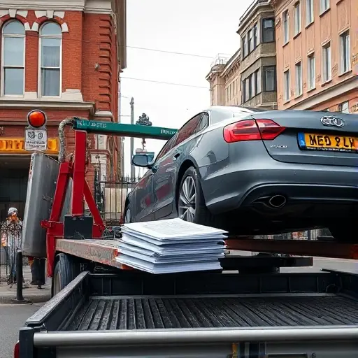 A realistic scene of a Moscow street with a tow truck lifting a parked car onto its platform, the background showing recognizable Moscow architecture such as a red brick building and street signs, an impound lot gate visible in the distance, and a stack of official-looking documents subtly placed on the truck bed, all depicted in a clean, detailed smallHQ style without any text or lettering