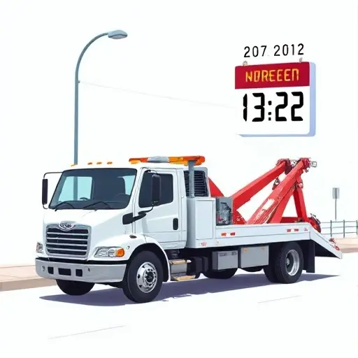 A tow truck parked on a street with a digital clock showing the time of day and a calendar page indicating the day of the week, all in a realistic style, no text or numbers visible, focusing on the truck, clock, and calendar.