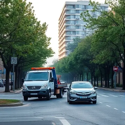 A tow truck pulling a small sedan from the side of a quiet city street named after Alice Selezneva, with trees lining the avenue and a modern building in the background, early morning light, realistic details, no visible text or signage