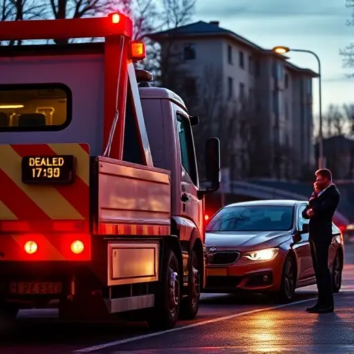 A tow truck parked beside a damaged car on a Moscow suburb street at dusk. The truck has bright red warning lights and a visible towing hook. The car shows a dented side and a broken window. A small digital clock on the truck’s side displays a delayed arrival time. A frustrated driver in a suit stands near the car, holding a phone. The background includes a typical Moscow residential building and a streetlamp. No text, letters, or numbers should appear in the image.