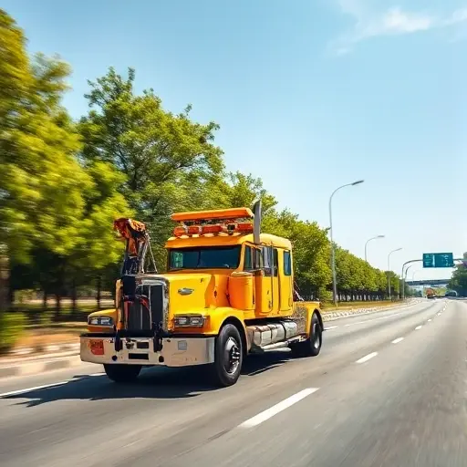 A modern yellow tow truck driving along a wide city highway with green trees and clear blue sky, professional photography