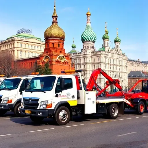 depict a variety of tow trucks commonly used in Moscow, including a flatbed tow truck, a hook and chain tow truck, and a wheel-lift tow truck, all parked on a city street with iconic Moscow architecture in the background, with a clear sky and no text or signage
