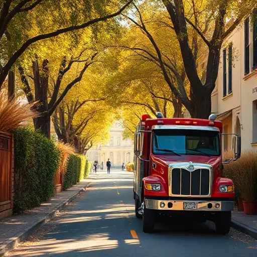 A realistic tow truck (evacuator) parked on a charming, tree-lined alley called the Golden Sheaf Alley, with golden wheat sheaves subtly integrated into the scenery, warm sunlight casting soft shadows, and a calm, orderly atmosphere suitable for a guide about evacuation features