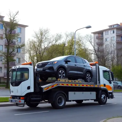 A modern tow truck with a full loading platform in the Medvedkovo district of Moscow, lifting a car onto its flatbed, with typical Moscow residential buildings, trees, and a clear sky in the background, realistic perspective, no text or signage.
