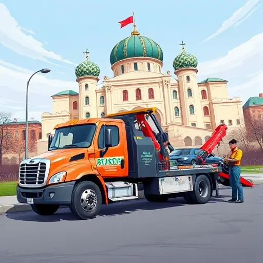 A realistic illustration of a professional tow truck parked in front of a recognizable Alexandrov landmark, with a friendly tow crew assisting a vehicle, emphasizing reliability and trust, no text or lettering visible