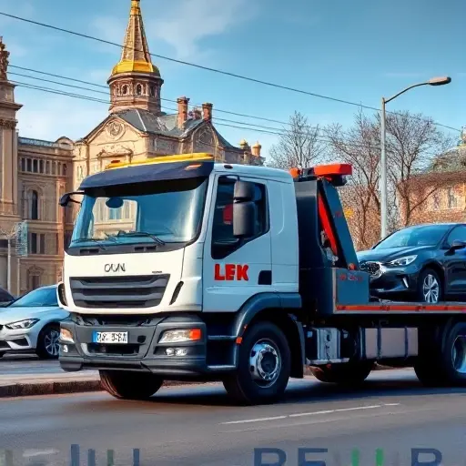 A realistic depiction of a tow truck parked on a Moscow street near the Timiryazevsky area, with a car being towed by the truck. The scene shows the tow truck’s front and side, the towed vehicle partially attached to the truck’s winch, and a backdrop of typical Moscow city architecture. The image should convey a sense of urgency and service, with clear lighting and a slightly dynamic angle to emphasize the towing action. No text, letters, or digits should appear in the image.