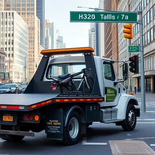 A tow truck parked on a busy city street, with a visible price tag icon on its side indicating basic tariffs and additional expenses, but no actual text or numbers displayed. The scene should include city buildings, traffic lights, and a clear view of the street name signage without any lettering.