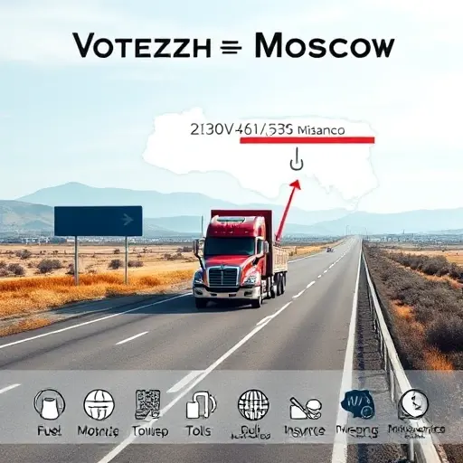 A realistic scene showing a tow truck on a highway surrounded by a landscape that hints at the distance between Voronezh and Moscow, with subtle visual cues like a road sign indicating direction, a map outline in the background, and icons representing additional expenses such as fuel, tolls, and insurance, all depicted without any textual elements