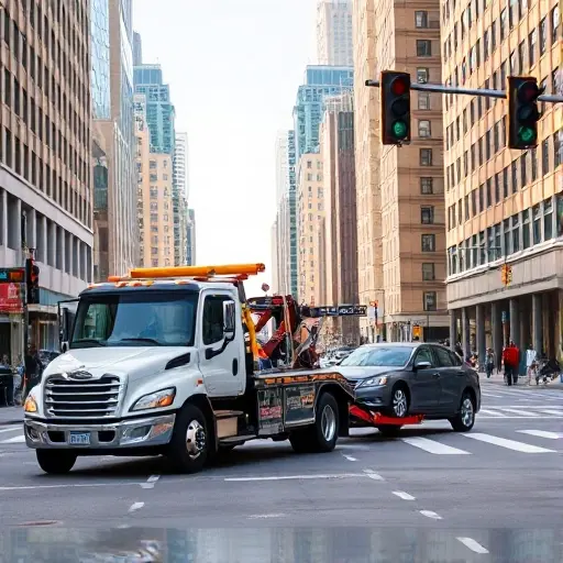 A modern tow truck pulling a stranded car on a busy city street, with surrounding urban buildings, traffic lights, and a clear view of the street, no text or signage visible