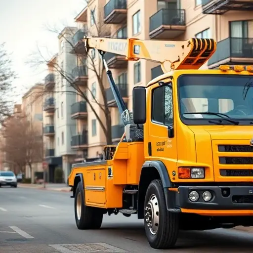 A modern yellow tow truck with a crane arm parked on a quiet city street with residential buildings in the background, daytime, clear weather, high detail