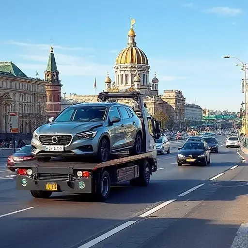A modern tow truck driving through Moscow streets, carrying a damaged car on its platform towards an auto service garage. The cityscape includes recognizable Moscow architecture such as the Kremlin dome in the background, with clear skies and bustling traffic. The scene focuses on the tow truck and the vehicle, emphasizing the service and transportation aspect without any text or signage.