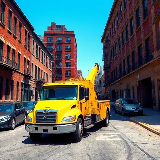 A modern yellow tow truck driving down a narrow city street lined with old brick buildings, parked cars on the side, clear blue sky, realistic lighting, high detail