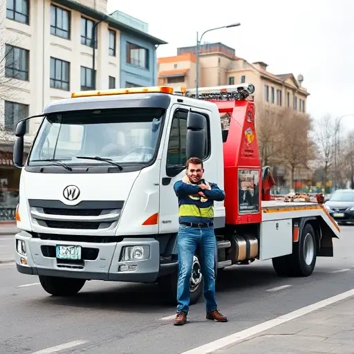 A friendly tow truck driver standing beside a modern tow truck on a Pushkino city street, with local landmarks visible in the background and a subtle hint of a selection process such as a phone or clipboard, all depicted realistically without any text or lettering
