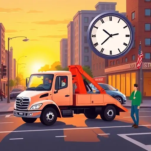A bright, modern tow truck pulling a car on a city street at sunset, with a large analog clock in the background showing a timely arrival, a friendly mechanic in the driver's seat, and a satisfied customer standing beside the tow truck, all depicted in a clean, realistic style.