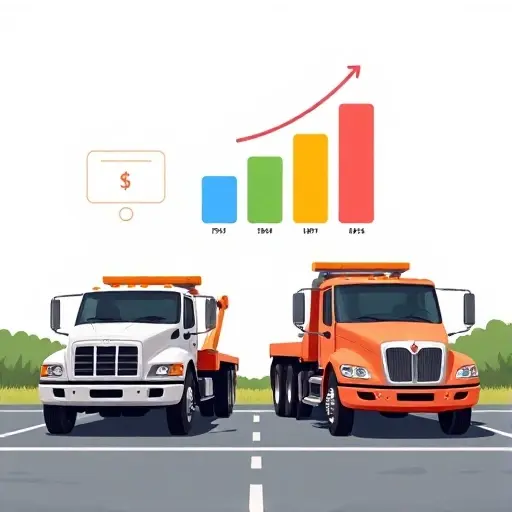 A realistic illustration featuring two types of tow trucks side by side: a compact flatbed tow truck and a heavy‑duty articulated tow truck. Above each truck, a floating price tag icon (a simple rectangle with a small circle) subtly indicates the relative cost. In the background, a simple bar chart with three bars of varying heights represents price differences, each bar color corresponding to one of the truck types. The scene is set on a road with minimal background details, and no text, letters, or digits are present.