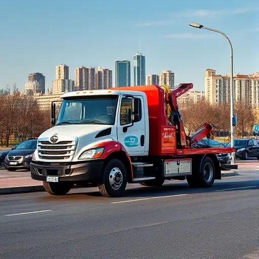 A realistic scene of a modern tow truck parked on a street in Zelenograd, Moscow, with the city skyline in the background. The tow truck is equipped with a hook and a platform, and a friendly driver is holding a phone, indicating a search for a reliable towing service. The atmosphere is daytime with clear skies, and the surroundings include typical urban elements like street lamps, parked cars, and a hint of residential buildings, but no visible text, logos, or signage.
