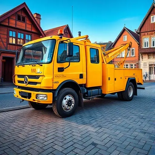 эвакуатор выборгский район A bright yellow tow truck parked on a cobblestone street in Vyborg district, with historic wooden houses in the background, a clear blue sky, and a subtle reflection on the truck's polished surface.