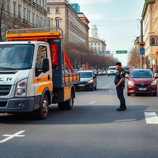A realistic urban scene in Moscow showing a modern tow truck parked beside a stopped car on a busy street, with a police officer directing traffic and a concerned driver observing, all under a clear sky, emphasizing safety at the incident site, no signage or text