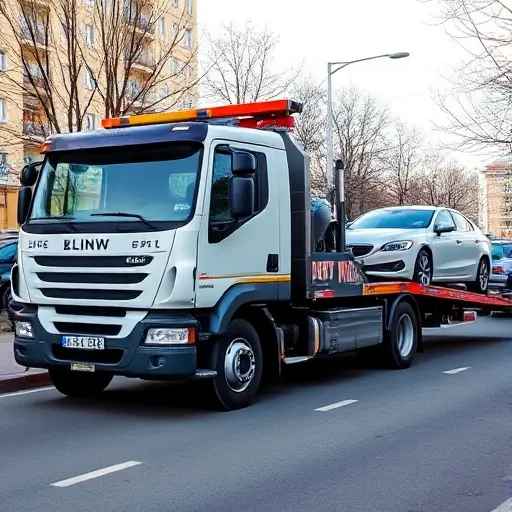 A realistic tow truck parked on a street in Pushkino, with a car being towed, showing the truck's front and side, no text or signage, no people, no vehicles other than the tow truck and the towed car, in a clear daylight setting, with subtle city background.