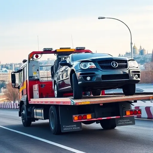 A professional tow truck operating in the Moscow region, pulling a damaged car onto its platform. The scene includes a recognizable Moscow cityscape background with typical architecture and a hint of suburban outskirts, showing a clear sky and road. Emphasize the tow truck's equipment and the careful handling of the damaged vehicle, with realistic lighting and detailed textures.
