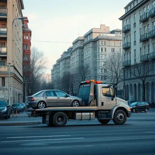 A realistic tow truck parked on a Moscow street in the Krasnoselsky district, with a car being towed on a winch. The scene shows urban architecture typical of the area, with a clear sky and subtle lighting. The tow truck is in a neutral color, no logos or text visible.
