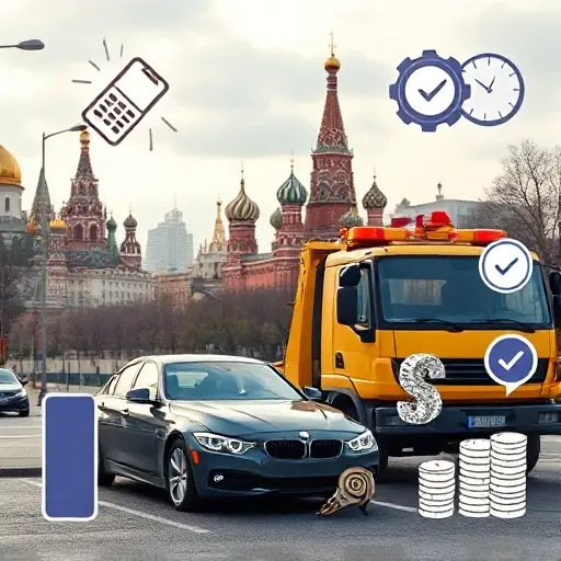 A realistic scene set in Moscow showing a tow truck (evacuator) parked beside a broken-down car on a city street, with the iconic Moscow skyline and the Kremlin visible in the background. Include visual elements that suggest a phone call, such as a subtle smartphone silhouette or a ringing bell icon near the tow truck, and symbolic representations of cost factors like a gear, a fuel pump, a clock, and a stack of coins, all integrated naturally into the environment without any text or lettering.