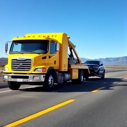 дорожный эвакуатор A bright yellow road tow truck parked on a highway, with a car being towed behind it, a clear blue sky, and distant mountains.