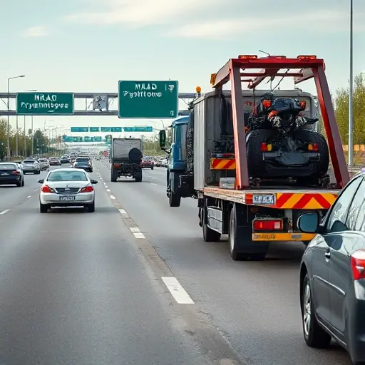 A realistic scene of a tow truck performing a partial loading of a car on a busy highway, with visible road signs indicating MKAD and Pyatnitskoe highway, showing the truck's crane lifting the front wheels of the vehicle while the rest of the car remains on the road, surrounded by typical urban traffic and roadside details, in a clear, detailed composition