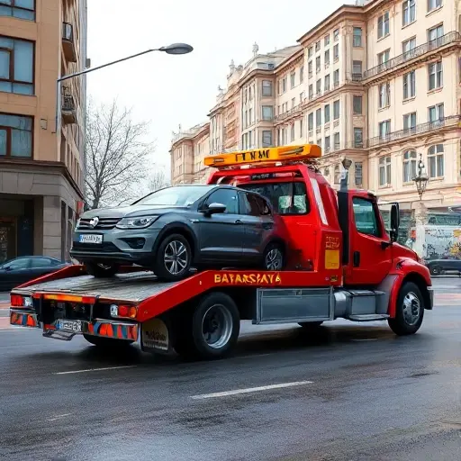 A realistic depiction of a tow truck parked on Batayskaya Street, with a car being towed, city street background, no text or signage, in a detailed, high-resolution style