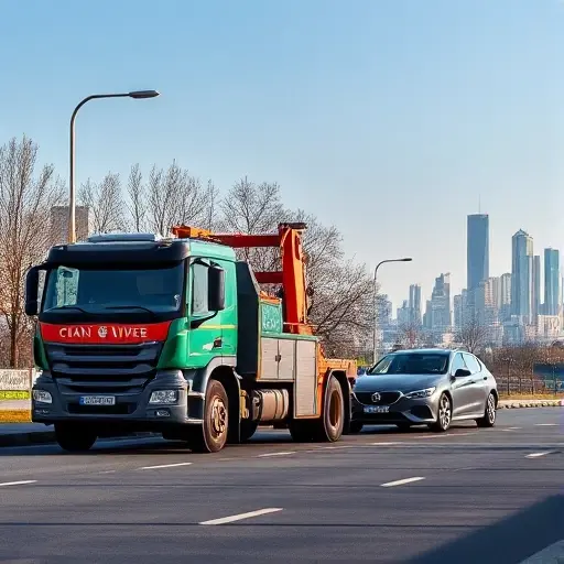 A realistic depiction of a tow truck parked on a street in Mar'ino, Moscow, with a partially towed car, city skyline in the background, clear sky, no text or letters