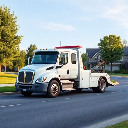 A modern tow truck positioned on a road in a suburban district, with a subtle smartphone silhouette nearby to suggest online service ordering, under a clear sky and surrounding trees, realistic rendering in the smallHQ style