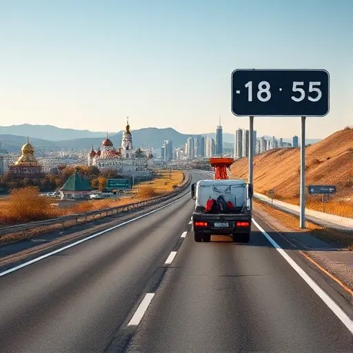 A realistic tow truck driving along a long highway that stretches from a city with classic Russian architecture to a modern metropolis skyline, with a subtle distance marker icon (like a road sign without any numbers or letters) indicating the journey between two locations. The scene includes a clear sky, gentle hills, and a faint overlay of a map-like route line showing the path, all rendered in the smallHQ style.