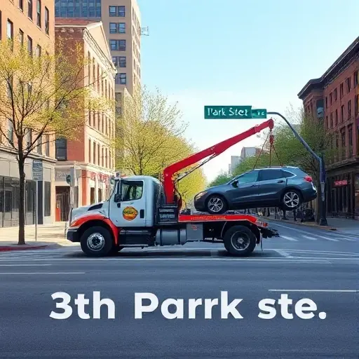 Эвакуатор на 13-й Парковой улице: Полное руководство A realistic tow truck parked on a quiet urban street named 13th Park Street, with the truck's hook attached to a small car being lifted, surrounded by typical city buildings, trees, and a clear sky, without any text, letters, or numbers in the scene