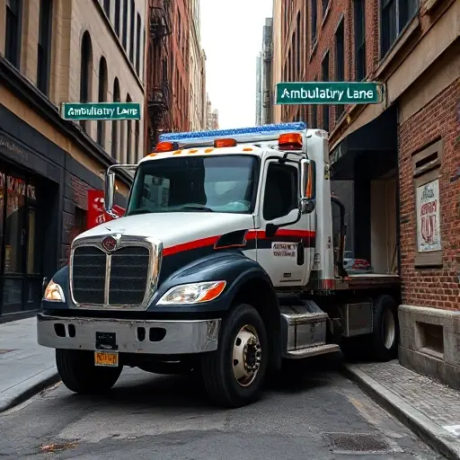 A tow truck parked on a narrow alley named Ambulatory Lane, with a clear view of the vehicle's front and side, showing its robust design and towing equipment, set against a city backdrop with subtle street signage indicating 'Ambulatory Lane', no people or animals, no text or lettering
