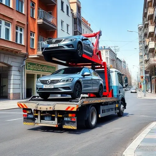 A realistic scene of a tow truck (evakuator) operating in an urban street of the Danilovsky district, with typical city buildings, sidewalks, and a parked car being lifted onto the truck's platform; the atmosphere is daytime with clear sky, focusing on the vehicle and the surrounding city environment, no text or signage visible