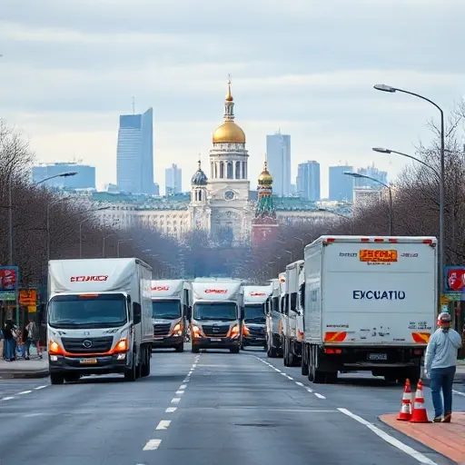 A realistic scene of a convoy of evacuation trucks on a Moscow street, with the iconic Moscow skyline in the background and a subtle representation of Khimki's landscape, featuring emergency signage and people in protective gear, all depicted in a calm, professional style.
