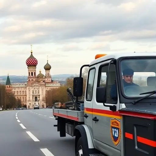 A professional tow truck (evacuator) traveling from the historic town of Sergiev Posad toward the Moscow skyline, with visible official license documents and a badge of trust on the side of the vehicle, a confident driver in uniform, and a subtle map line indicating the route, all depicted in a realistic yet compact high-quality style