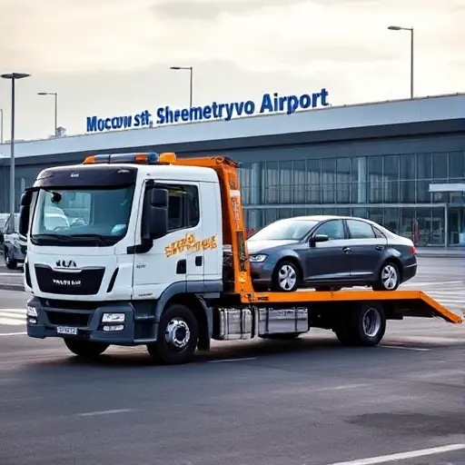 A realistic depiction of a tow truck at Moscow's Sheremetyevo Airport, with a passenger car being towed, the airport terminal visible in the background, no text or signage, no people, no logos, no vehicles other than the tow truck and the towed car.
