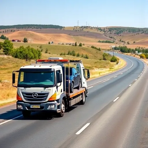 A tow truck on a highway between Moscow and Belgorod, with a partially loaded car on its platform. The truck is moving along a wide road surrounded by typical Russian countryside scenery, with gentle hills and scattered trees under a clear sky. The focus is on the vehicle and the partially loaded car, with no signage, text, or logos visible.