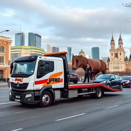 A modern tow truck from Красносельский in Moscow, towing a car on a busy city street, with recognizable Moscow skyline in the background, showing a professional driver in uniform, all in a realistic style.