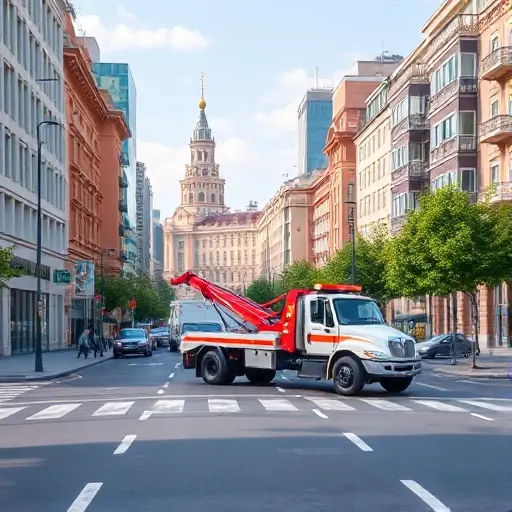 Эвакуатор на 5-й Внуковской улице: Полное руководство A realistic smallHQ style illustration of a tow truck on a city street with typical urban buildings, trees, and street scene, representing a busy avenue in Moscow, without any text, signage, or numbers