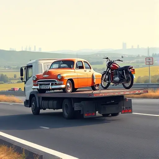A small, high-quality illustration of a classic tow truck (evakuator) on a road connecting St. Petersburg and Moscow, carrying a polished retro automobile and a vintage motorcycle on its platform. The background shows a subtle hint of Russian countryside with gentle hills and a faint outline of distant city skylines, but no recognizable modern buildings or signage. The scene is bright, detailed, and realistic, focusing on the vehicles and the sense of a dedicated transport service for classic vehicles.