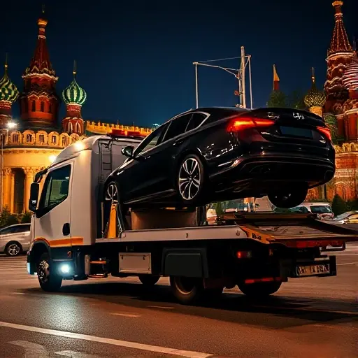 A modern tow truck parked on a Moscow street at night, illuminated by city lights, with a clear view of a sleek, low-cost vehicle being lifted. The scene shows a calm, professional atmosphere, emphasizing safety and reliability. The background includes recognizable Moscow architecture, such as a subtle hint of the Kremlin or St. Basil's Cathedral, but no text or signage is visible. The focus is on the tow truck's equipment and the vehicle being secured, conveying a sense of 24/7 service and guaranteed protection.